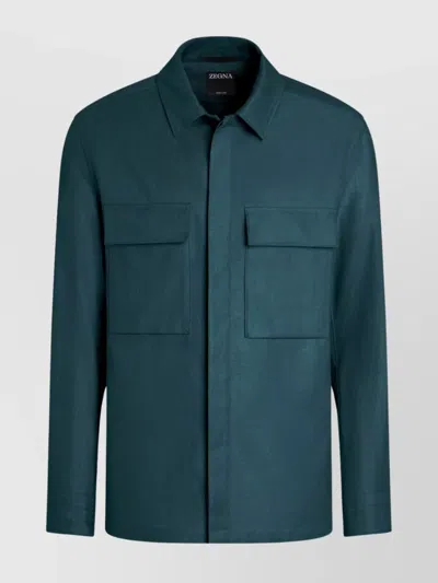 Zegna Overshirt Linen Concealed Placket In Blue