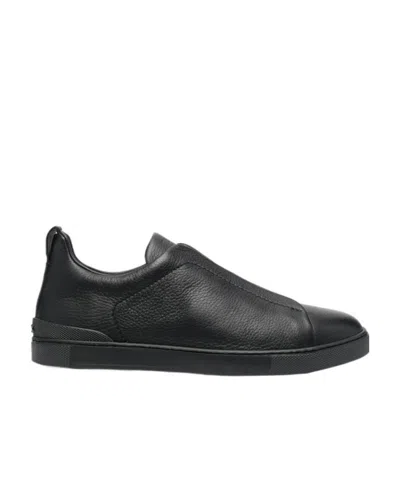 Zegna Triple Stitch Full-grain Leather Slip-on Sneakers In Black