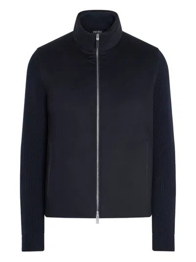 Zegna Panelled Zip-up Cardigan In Blue