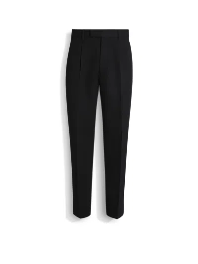 ZEGNA BLACK COTTON AND WOOL PANTS
