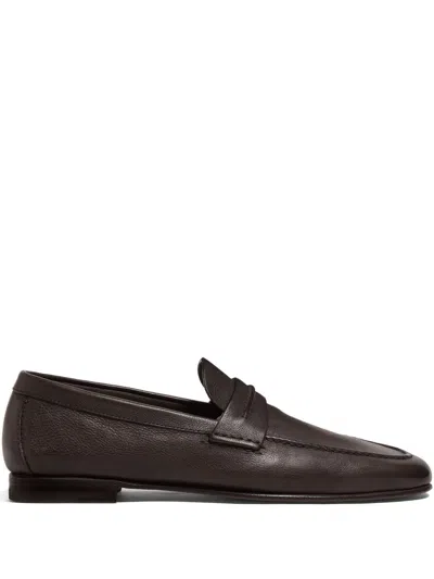 Zegna Penny Leather Loafers In Brown