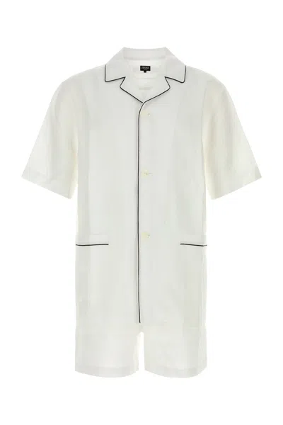 Zegna Linen Pyjama Shirt Short Sleeves Contrast Piping In White