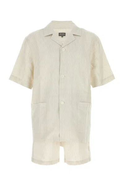 Zegna Linen Pyjama Shirt Shorts Striped Collar In Neutral