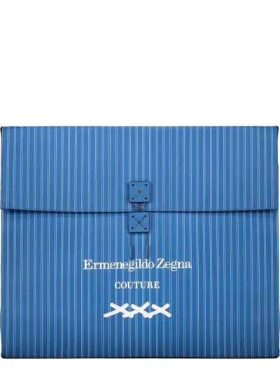 Zegna Pinstripe Logo-print Tote Bag In Blue