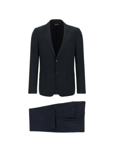 Zegna Pinstriped Button Suit In Blue