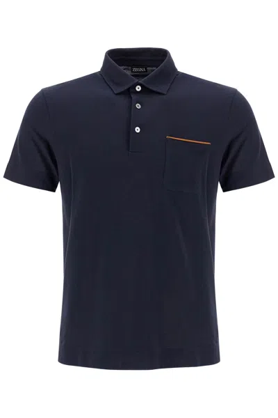 Zegna Men's Cotton Polo Shirt With Leather-trim Pocket In Blue