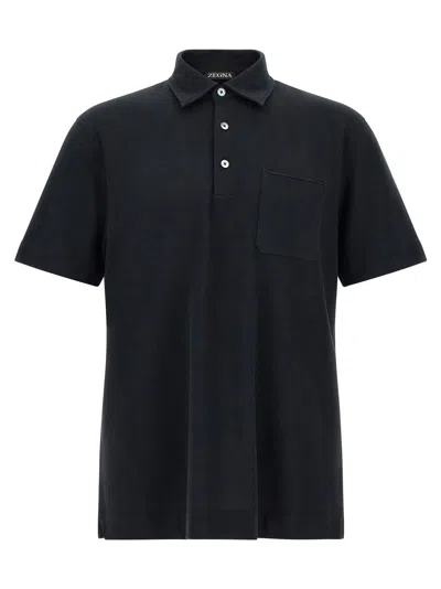 Zegna Piquet Cotton Polo In Black