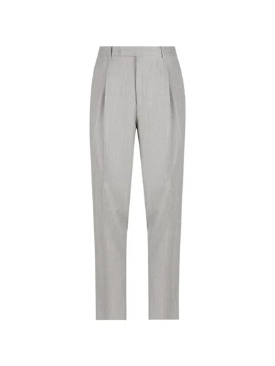 Zegna Pleated Tapered Trousers In Gray