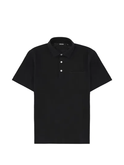 Zegna Regular Fit Cotton Subtle Pocket Polo Shirt In Black