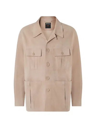 Zegna Pocket-details Leather Sahariana Jacket In Brown