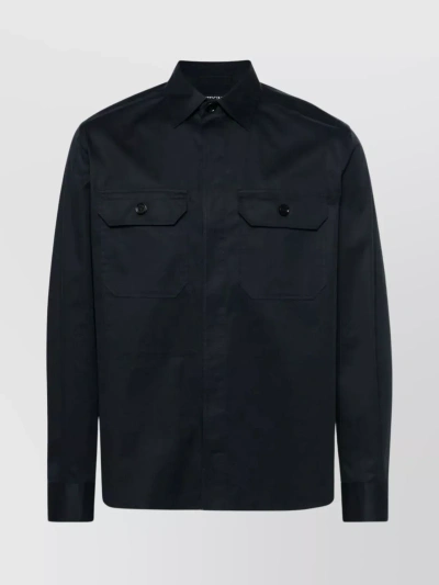 Zegna Pocketed Shirt With Curved Hem And Button-down Collar In Blue