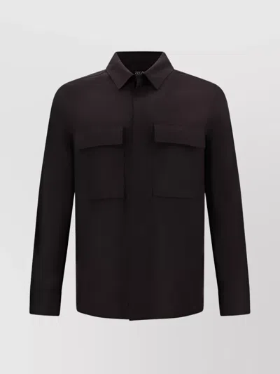 Zegna Point Collar Shirt With Front Patch Pockets In Black