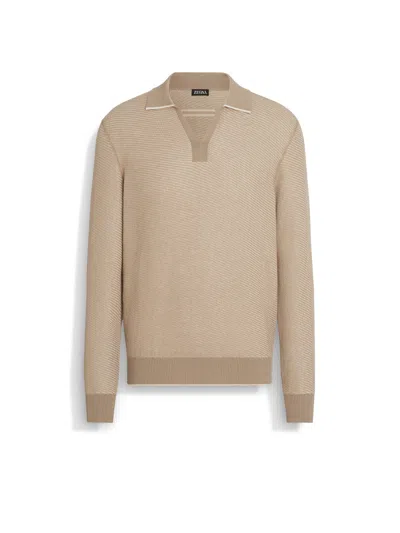 Zegna Light Taupe Silk And Cashmere Polo Shirt