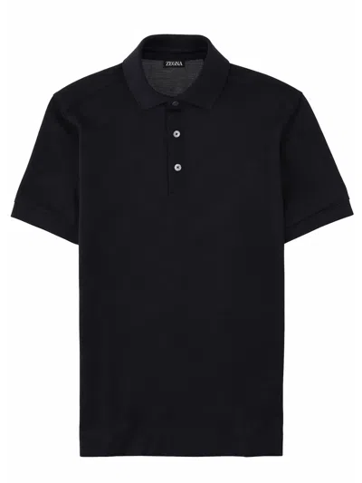 Zegna Short Sleeves Polo Collar Cotton Jersey In Black