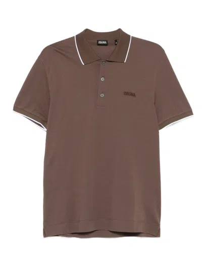 Zegna Embroidered-logo Polo Shirt In Brown