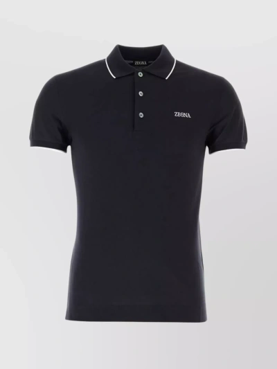 Zegna Polo Shirt With Hemline Slits And Contrasting Label In Black