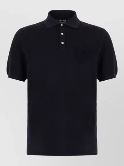 Zegna Polo Short Sleeves Ribbed Collar Chest Pocket In Black