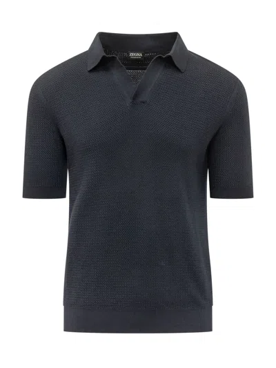 Zegna Polo With Neck Appliqué - Ss26 In Blue
