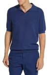 Zegna Premium Cotton Waffle Stitch Polo Sweater In Blu Ciano