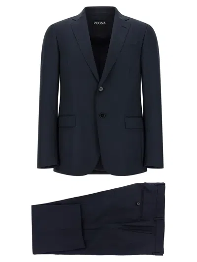 Zegna Single-breasted Wool Dress With Tailored Trousers In Blue