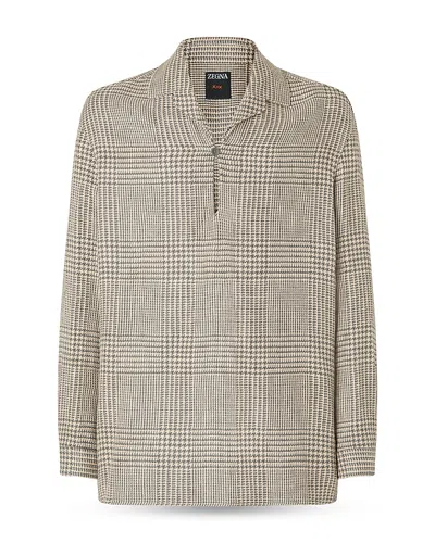 Zegna Prince Of Wales Crossover Linen Wool And Silk Shirt In Green