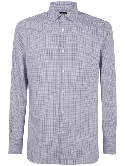 Zegna Button-down Checked Long Sleeve Cotton Shirt In Blue