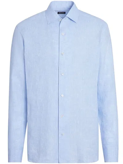 Zegna Pure Linen Long-sleeve Shirt In Blue