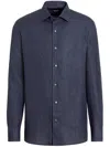 Zegna Chemise Manches Longues En Lin Pur Bleu Marine In Blue