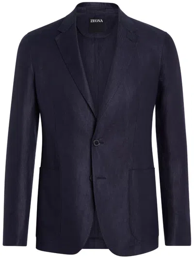 Zegna Pure Linen Shirt Jacket In Dark Blue