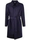 Zegna Wool Overcoat With Belted Waist And Pockets In Blue