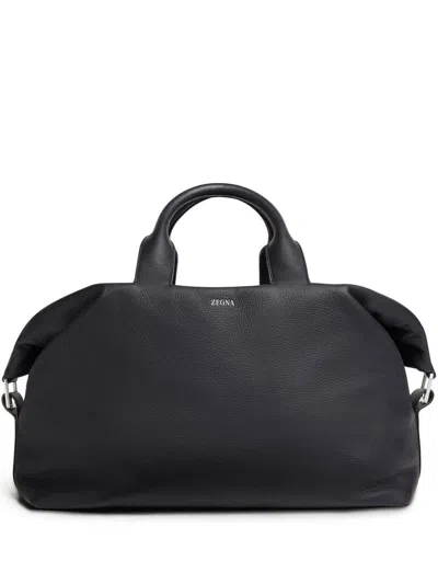 Zegna Raglan Holdall Leather Duffle Bag In Black