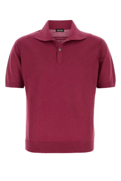 Zegna Knit Shirt Polo Collar Ribbed Hem In Red