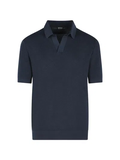 Zegna Regular Fit Jacquard Knit Open Polo Collar Short Sleeve In Blue
