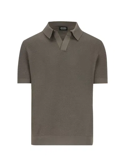Zegna Regular Fit Jacquard Knit Open Polo Collar Short Sleeve Tee In Gray