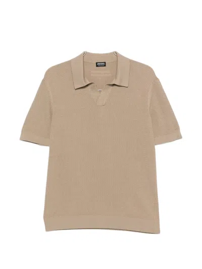 Zegna Regular Fit Jacquard Knit Open Polo Collar Short Sleeve Top In Neutral