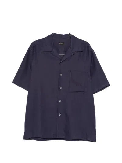 Zegna Regular Fit Linen Cuban Collar Shirt With Chest Pocket In Blue