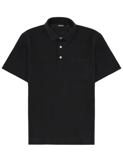 Zegna Short Sleeve Polo Shirt Chest Pocket In Black