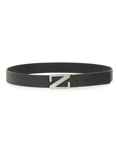 Zegna Reversible Belt With Monogram "z" Buckle In Black