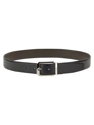 Zegna Reversible Polished Silver Buckle Cow Leather Belt In Black