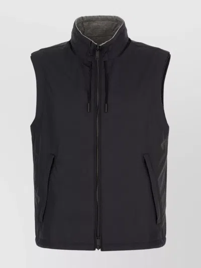 Zegna Reversible High Collar Sleeveless Jacket With Side Pockets In Black