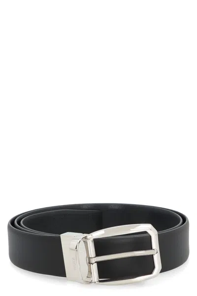 Zegna Logo Engraved Reversible Belt In Black