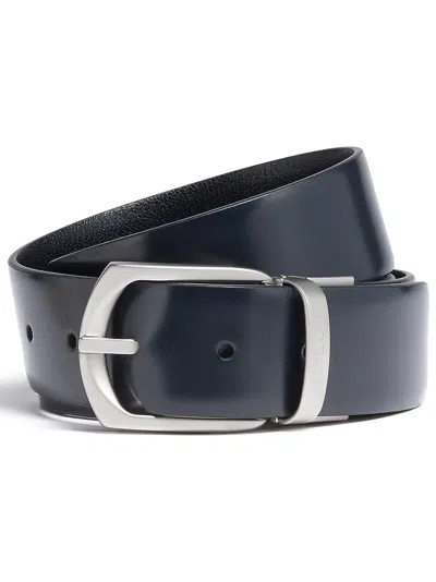 Zegna Leather Reversible Engraved Logo Belt In Blue