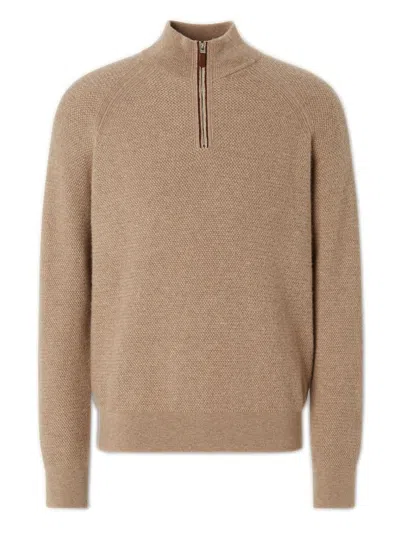 Zegna Ribbed Cashmere Turtleneck Sweater With Leather Trim And Zip Closure In Brown