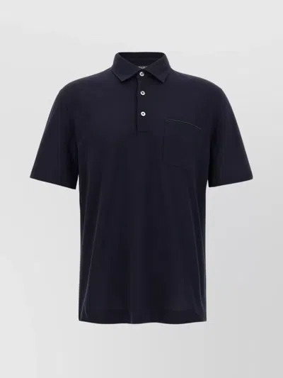 Zegna Ribbed Collar Polo Shirt With Chest Pocket In Blue