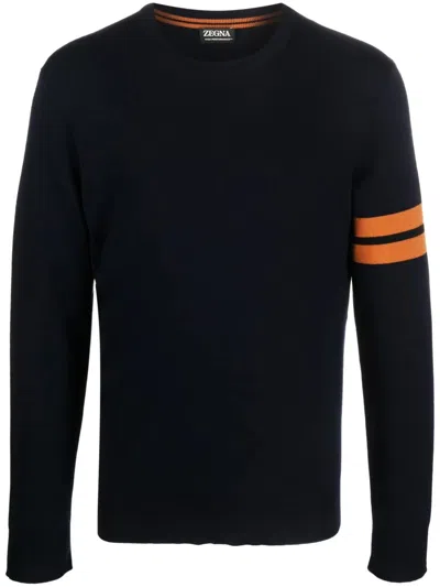 Zegna Ribbed Collar Wool Long-sleeve Sweater With Ribbed Hem And Cuffs In Blu