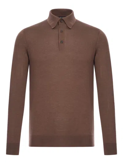 Zegna Ribbed Polo Collar Sweater Long Sleeves Size 50 In Brown