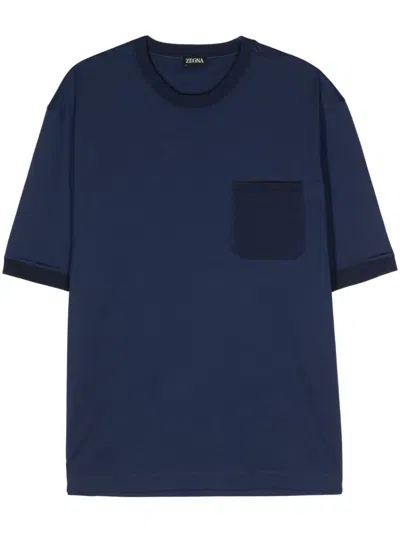 Zegna Ribbed-trim Cotton T-shirt In Blue