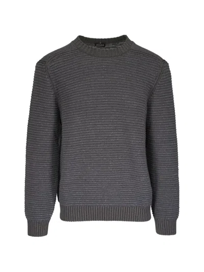 Zegna Ribbed-knit Crew-neck Sweater In Gray