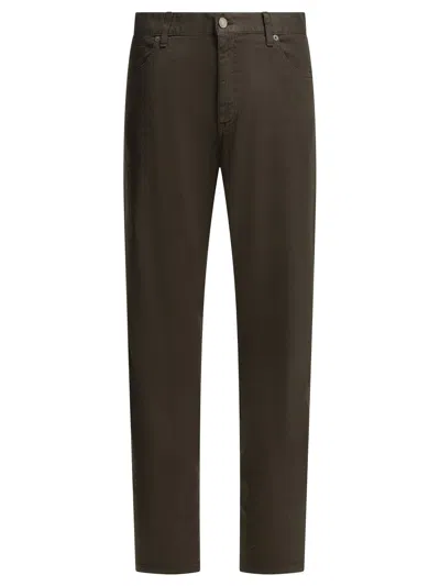 Zegna Roccia Brown Linen Cotton Lycra Cotton Calf Leather Straight Leg Jeans In Multi