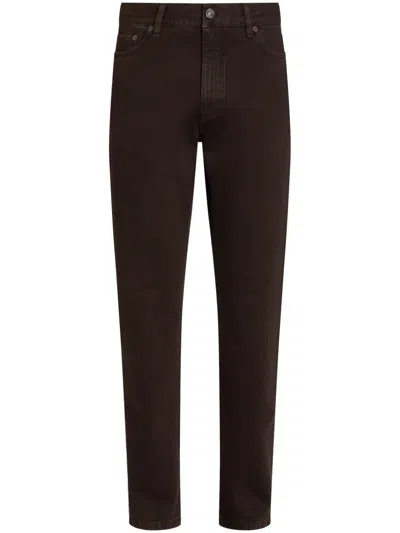 Zegna Leather-trimmed Cotton Straight Pants In Brown